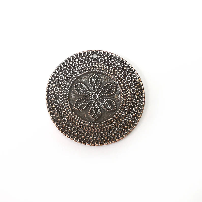 Copper Flower Charms, Ethnic Charms, Jewelry Parts, Bracelet Component, Antique Copper Plated Metal Charms (34mm) G35786