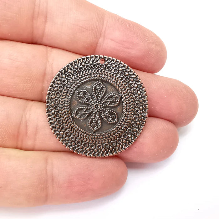 Copper Flower Charms, Ethnic Charms, Jewelry Parts, Bracelet Component, Antique Copper Plated Metal Charms (34mm) G35786