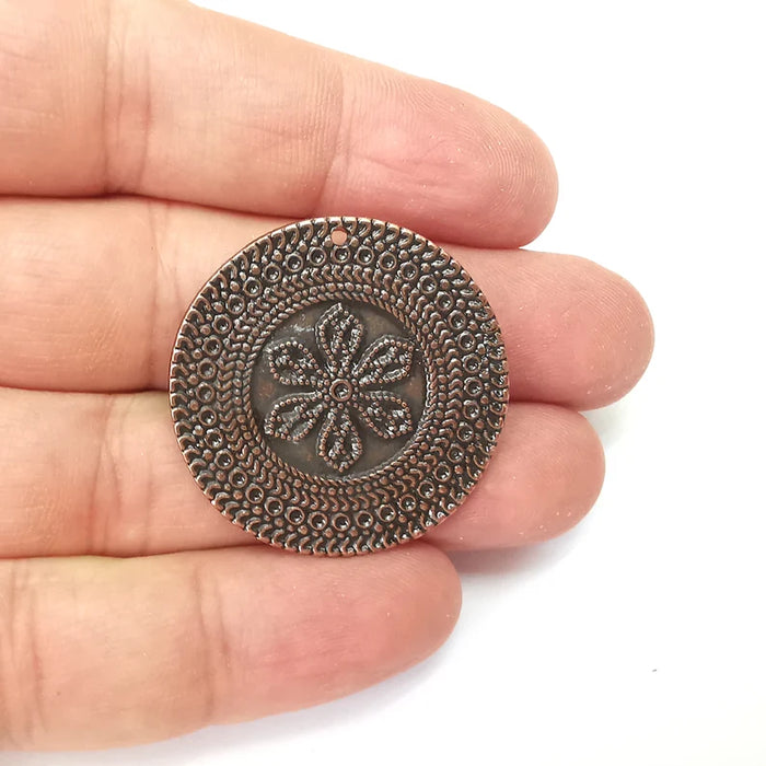 Copper Flower Charms, Ethnic Charms, Jewelry Parts, Bracelet Component, Antique Copper Plated Metal Charms (34mm) G35786