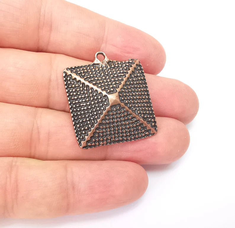 Copper Dangle Square Charms, Ethnic Charms, Jewelry Parts, Bracelet Component, Antique Copper Plated Metal Charms (33x28mm) G35792