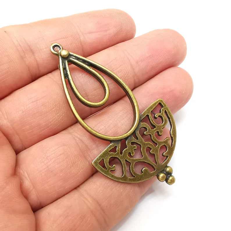 Bronze Drops Charms, Boho Charm, Rustic Charm, Earring Charm, Bronze Pendant, Necklace Parts, Antique Bronze Plated 64x36mm G35610