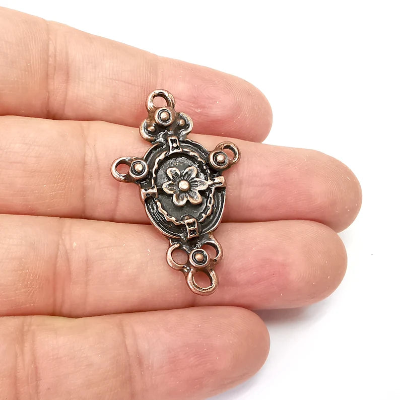 Copper Flower Charms Connector, Jewelry Parts, Copper Bracelet Component, Copper Finding, Antique Copper Plated Metal (41x25mm) G35800