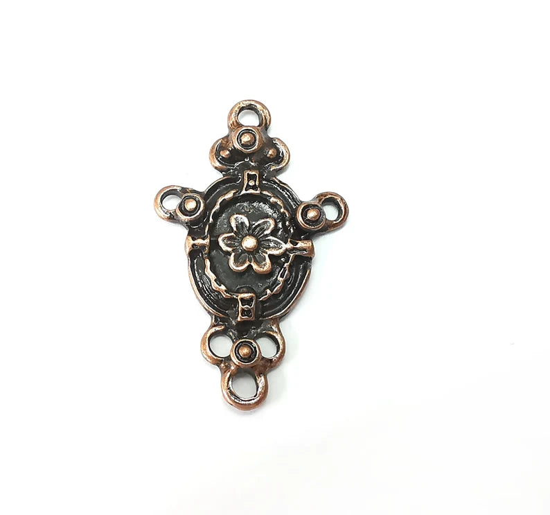Copper Flower Charms Connector, Jewelry Parts, Copper Bracelet Component, Copper Finding, Antique Copper Plated Metal (41x25mm) G35800