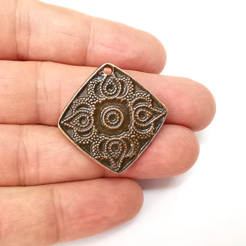 Copper Charms, Square Charms, Drops Ethnic, Earring Charms, Copper Rustic Pendant, Necklace Parts, Antique Copper Plated 33mm G35613