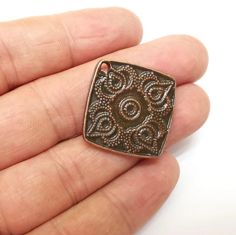 Copper Charms, Square Charms, Drops Ethnic, Earring Charms, Copper Rustic Pendant, Necklace Parts, Antique Copper Plated 33mm G35613