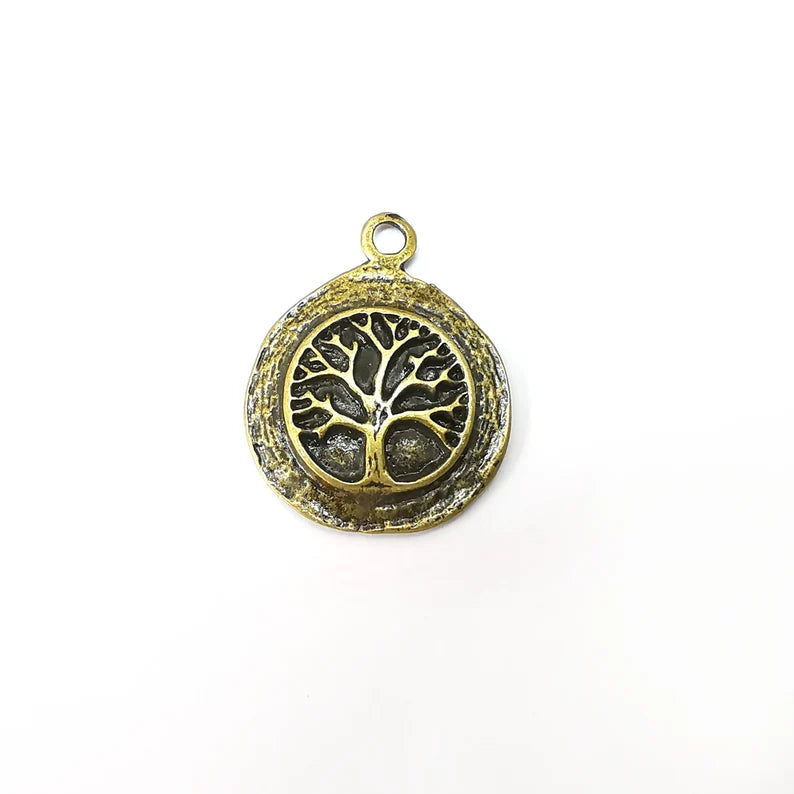 Tree Charms , Round Charms, Disc Ethnic, Earring Charms, Bronze Rustic Pendant, Necklace Parts, Antique Bronze Plated 31x24mm G35614