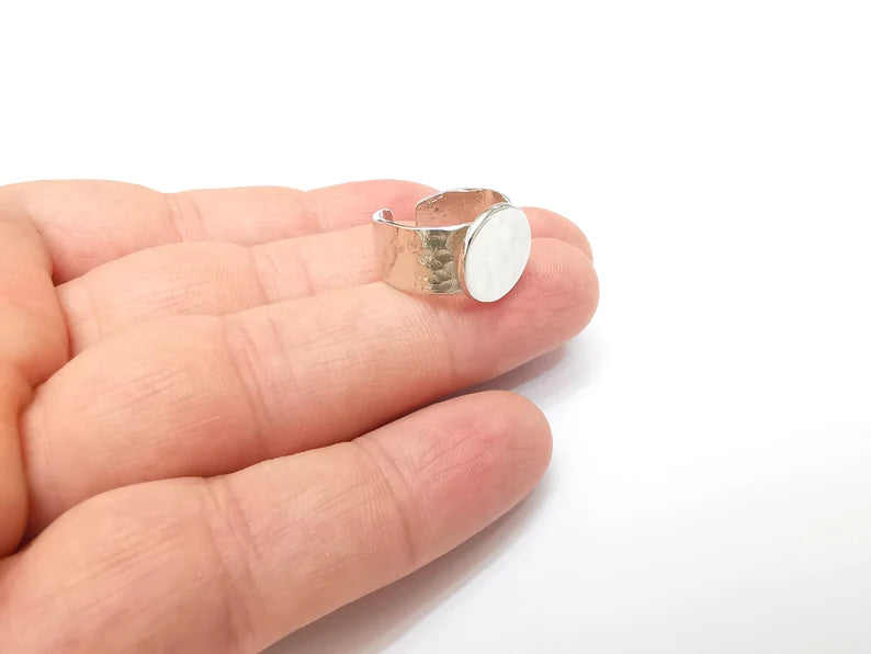 Shiny Silver Round Ring Setting, Cabochon Blank, Resin Bezel, Ring Mounting, Ring Base, Adjustable Rhodium Plated Brass 14mm G35809