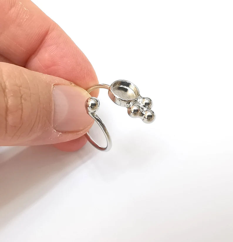 Shiny Silver Round Ring Setting, Cabochon Blank, Resin Bezel, Ring Mounting, Epoxy Frame Base, Adjustable Rhodium Plated Brass 8mm G35811