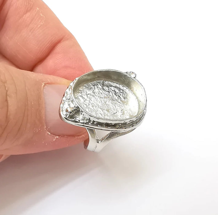 Shiny Silver Ring Setting, Cabochon Blank, Resin Bezel, Ring Mounting, Epoxy Frame Base, Adjustable Rhodium Plated Brass 18x13mm G35812