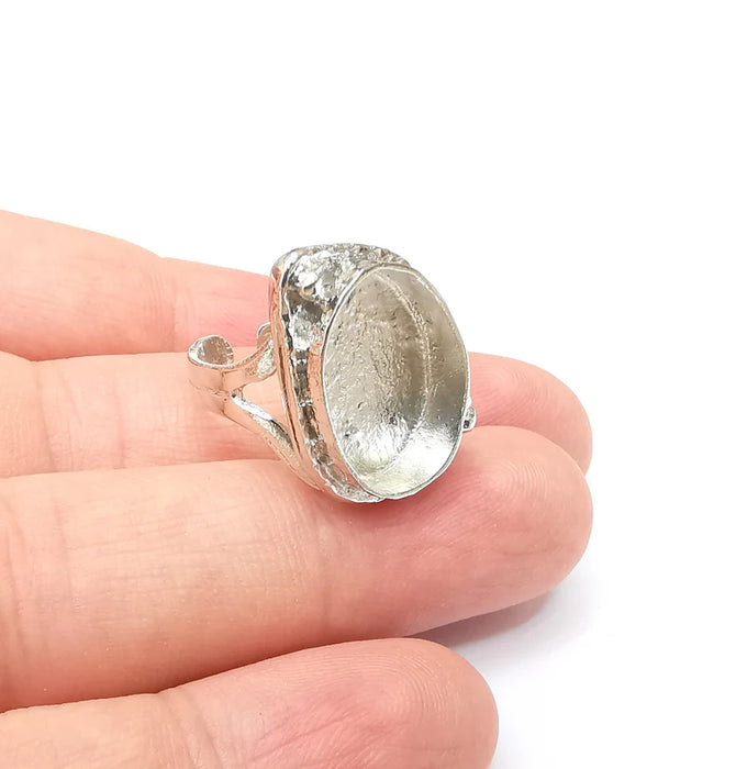 Shiny Silver Ring Setting, Cabochon Blank, Resin Bezel, Ring Mounting, Epoxy Frame Base, Adjustable Rhodium Plated Brass 18x13mm G35812