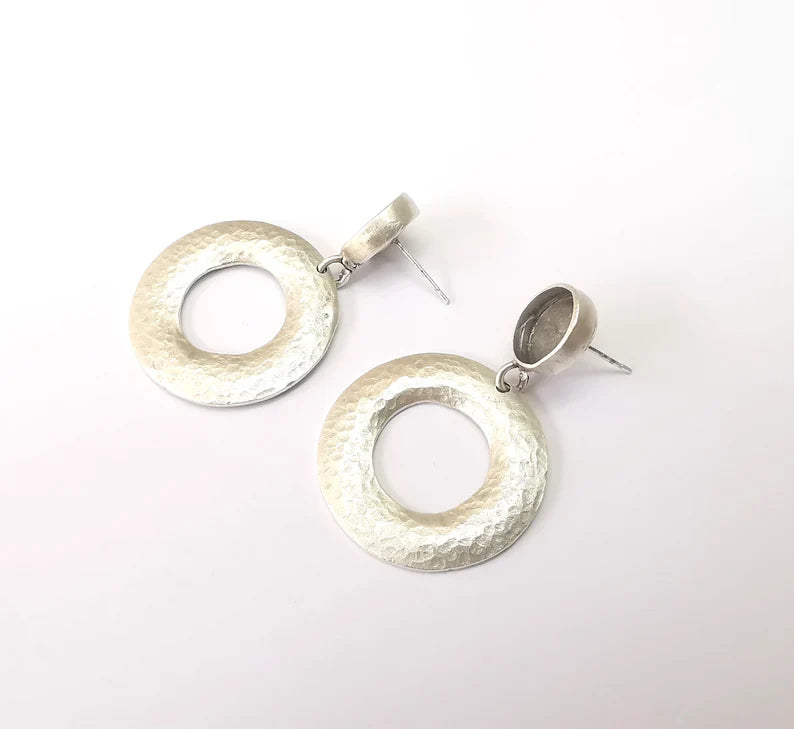 Circled Earring Base, Dangle Resin Earring Blank, Ear Settings Bezel, Cabochon Mountings, Antique Silver Plated Brass (10mm blanks) G35617