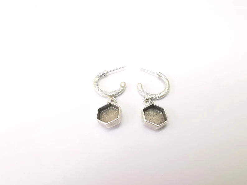 Earring Stud Base, HexagonEarring Blank, Ear Settings Resin Bezel, Cabochon Mounting, Antique Silver Plated Brass (10mm blanks) G35623