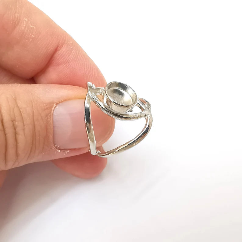 Shiny Silver Round Ring Setting, Cabochon Blank, Resin Bezel, Ring Mounting, Epoxy Frame Base, Adjustable Rhodium Plated Brass 8mm G36220