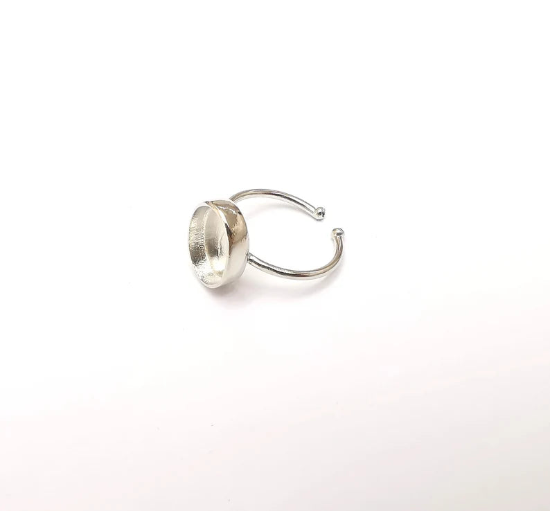 Shiny Silver Oval Ring Setting, Cabochon Blank, Resin Bezel, Ring Mounting, Epoxy Frame Base, Adjustable Rhodium Plated Brass 13x10mm G35819