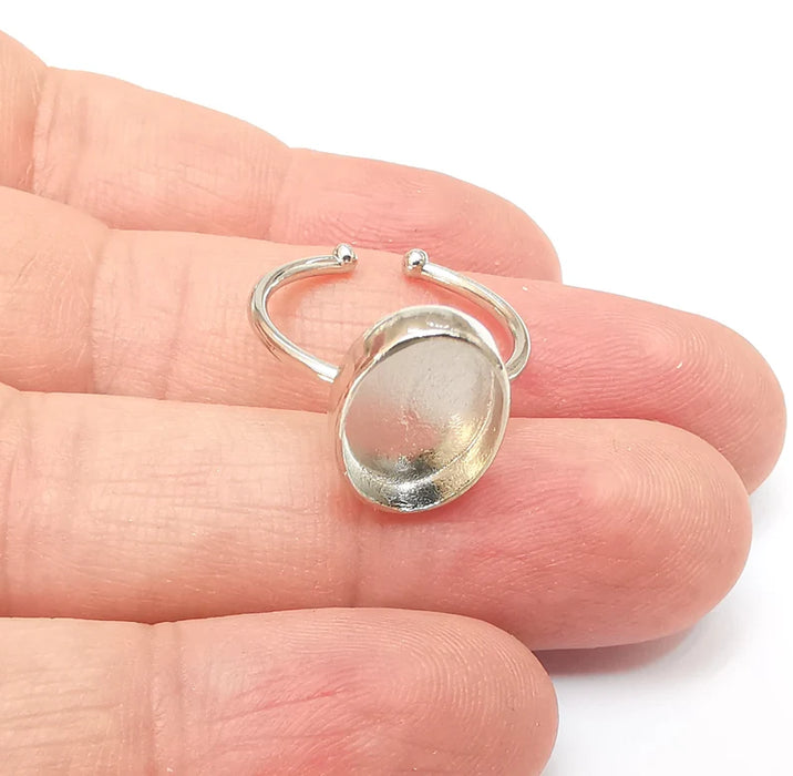 Shiny Silver Oval Ring Setting, Cabochon Blank, Resin Bezel, Ring Mounting, Epoxy Frame Base, Adjustable Rhodium Plated Brass 13x10mm G35819