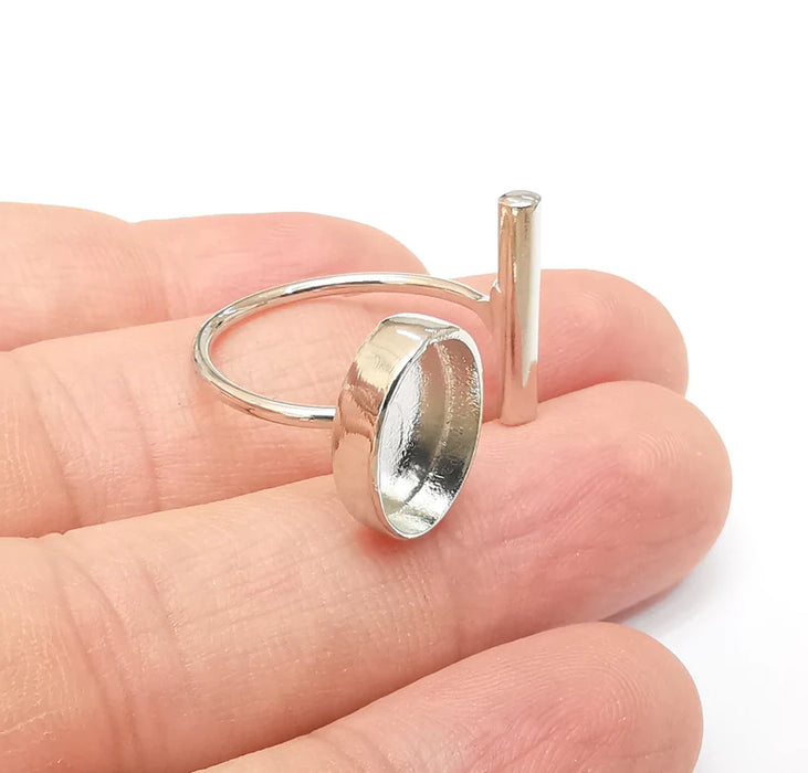 Shiny Silver Rod Ring Setting, Cabochon Blank, Resin Bezel Mounting, Epoxy Frame Base, Adjustable Rhodium Plated Brass 13x10mm G35821