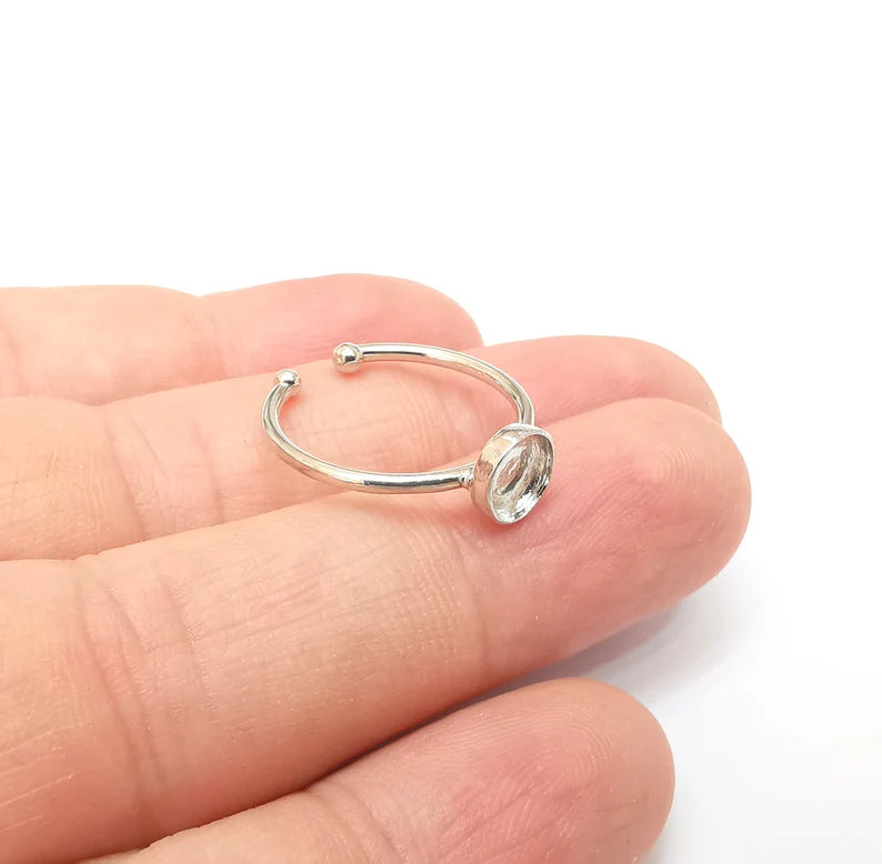 Shiny Silver Round Ring Setting, Cabochon Blank, Resin Bezel, Ring Mounting, Epoxy Frame Base, Adjustable Rhodium Plated Brass 6mm G35823