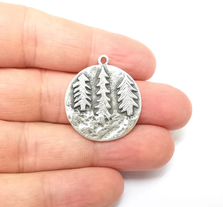 Pine Tree Charms, Pine Forest Dangle Charms, Cliff Charms, Boho Tree Charms, Earring Charms, Antique Silver Plated (30x27mm) G35629