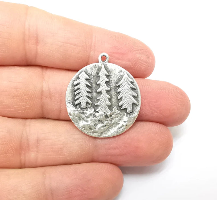 Pine Tree Charms, Pine Forest Dangle Charms, Cliff Charms, Boho Tree Charms, Earring Charms, Antique Silver Plated (30x27mm) G35629