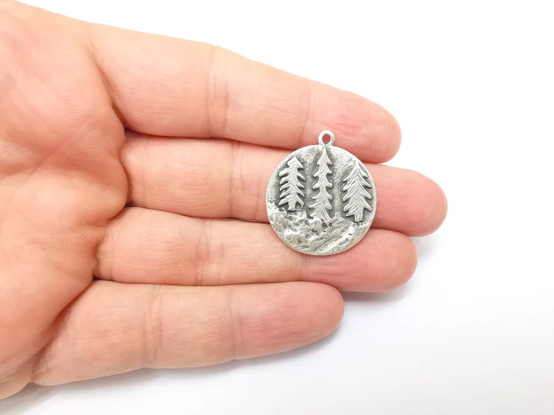 Pine Tree Charms, Pine Forest Dangle Charms, Cliff Charms, Boho Tree Charms, Earring Charms, Antique Silver Plated (30x27mm) G35629