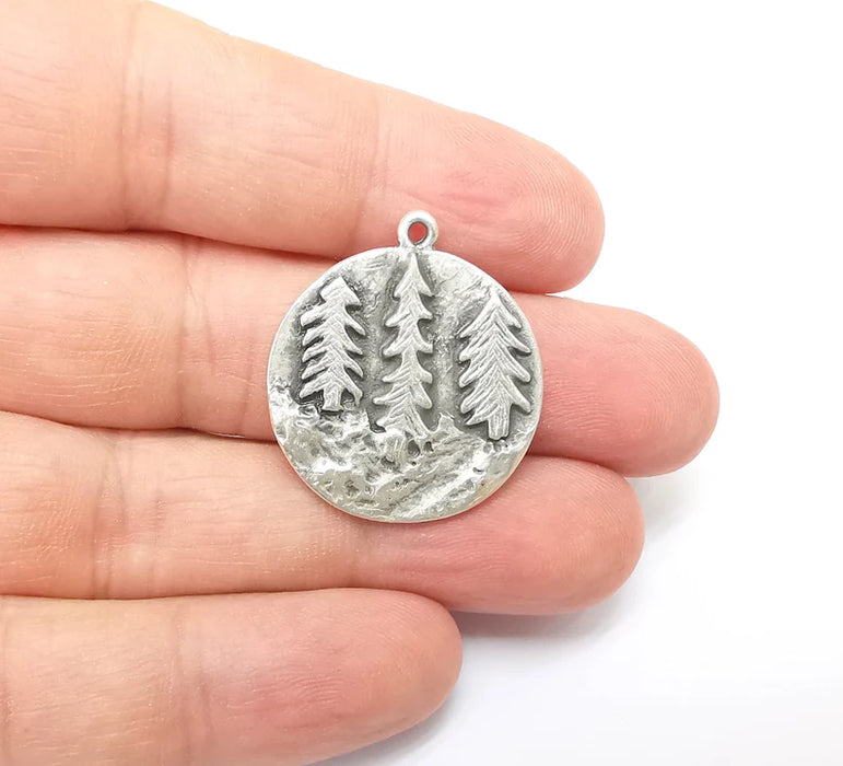 Pine Tree Charms, Pine Forest Dangle Charms, Cliff Charms, Boho Tree Charms, Earring Charms, Antique Silver Plated (30x27mm) G35629