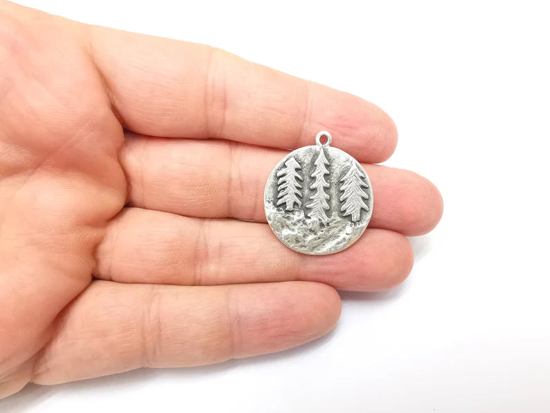 Pine Tree Charms, Pine Forest Dangle Charms, Cliff Charms, Boho Tree Charms, Earring Charms, Antique Silver Plated (30x27mm) G35629