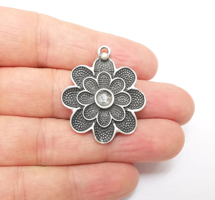 Flower Charms, Dangle Flower Charms, Floral Charms, Pendant Component, Earring Charms, Necklace Parts, Antique Silver Plated 37x31mm G35630