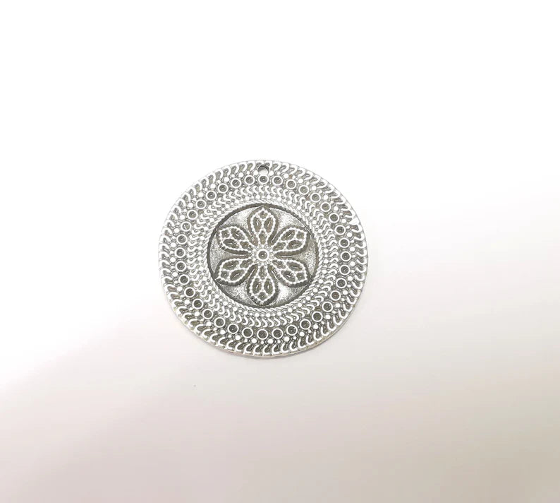 Silver Charms, Mandala Boho Earring Charms, Silver Flower Pendant, Ethnic Rustic Charms, Necklace Parts, Antique Silver Plated 34mm G35632