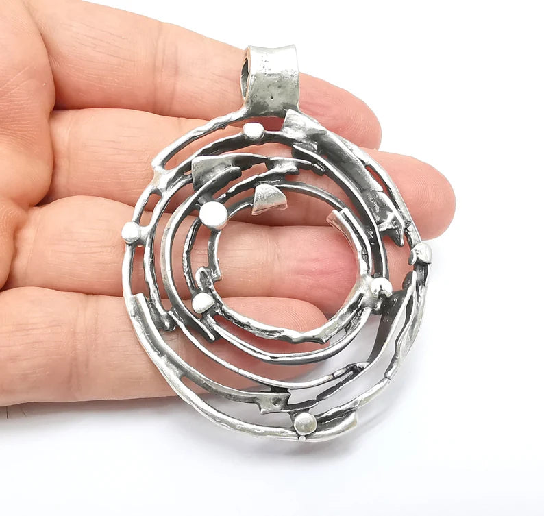 Silver Round Pendant, Boho Circle Pendant, Rustic Pendant, Silver Ethnic Pendant, Necklace Parts, Antique Silver Plated 76x58mm G35636