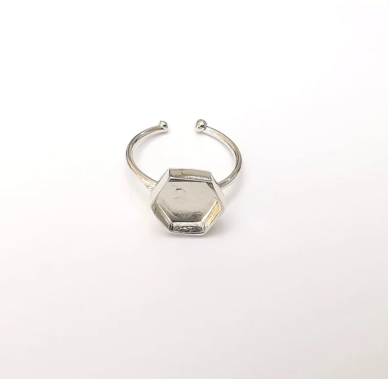 Shiny Silver Hexagon Ring Setting, Cabochon Blank, Resin Bezel, Ring Mounting, Epoxy Frame Base, Adjustable Rhodium Plated Brass 10mm G35824