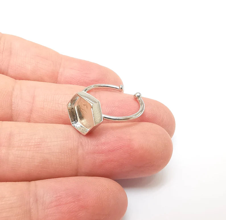 Shiny Silver Hexagon Ring Setting, Cabochon Blank, Resin Bezel, Ring Mounting, Epoxy Frame Base, Adjustable Rhodium Plated Brass 10mm G35824