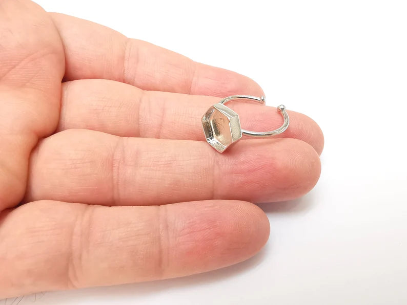 Shiny Silver Hexagon Ring Setting, Cabochon Blank, Resin Bezel, Ring Mounting, Epoxy Frame Base, Adjustable Rhodium Plated Brass 10mm G35824