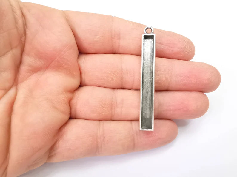 Long Rectangle Blank, Resin Kit, Charm Frame, Pendant Bezel, Earring Base, Cabochon inlay Mountings, Antique Silver Plated 49x5mm G35643