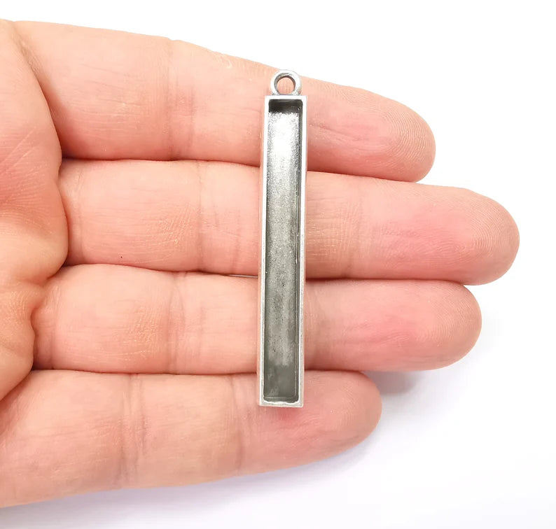 Long Rectangle Blank, Resin Kit, Charm Frame, Pendant Bezel, Earring Base, Cabochon inlay Mountings, Antique Silver Plated 49x5mm G35643