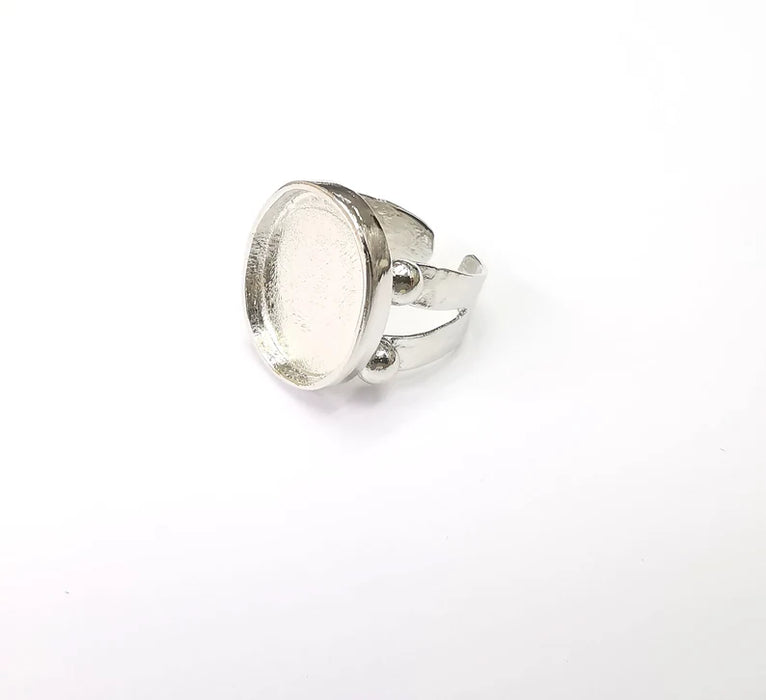 Shiny Silver Oval Ring Setting, Cabochon Blank, Resin Bezel, Ring Mounting, Epoxy Frame Base, Adjustable Rhodium Plated Brass 18x15mm G35644