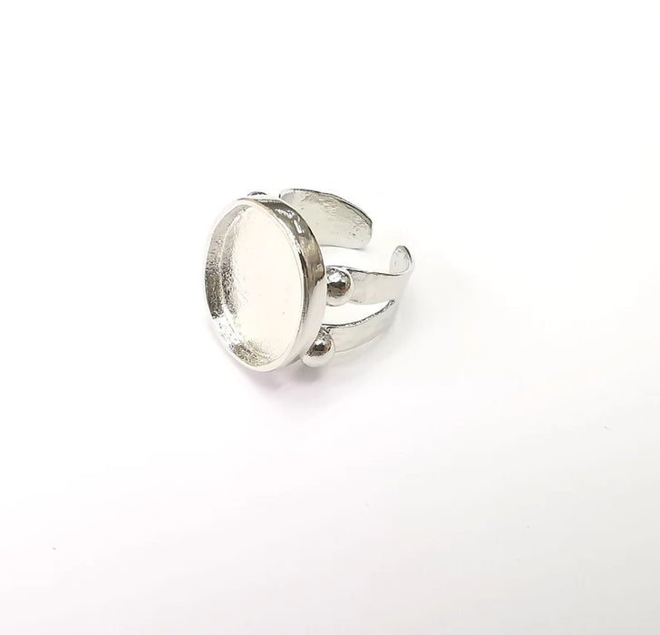 Shiny Silver Oval Ring Setting, Cabochon Blank, Resin Bezel, Ring Mounting, Epoxy Frame Base, Adjustable Rhodium Plated Brass 18x15mm G35644