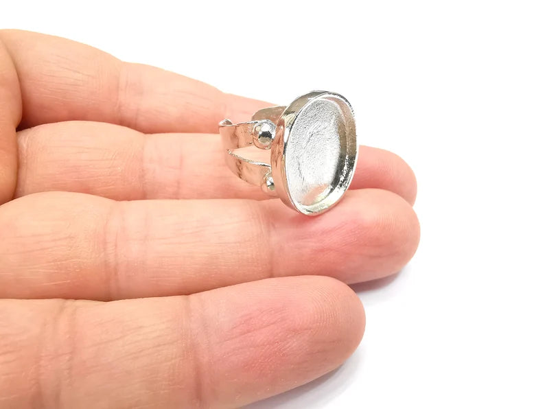 Shiny Silver Oval Ring Setting, Cabochon Blank, Resin Bezel, Ring Mounting, Epoxy Frame Base, Adjustable Rhodium Plated Brass 18x15mm G35644