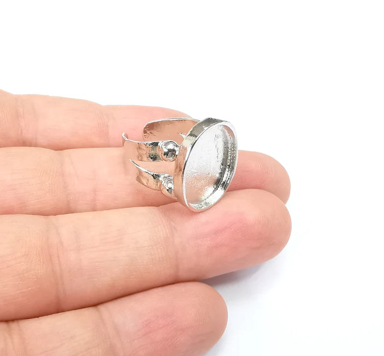 Shiny Silver Oval Ring Setting, Cabochon Blank, Resin Bezel, Ring Mounting, Epoxy Frame Base, Adjustable Rhodium Plated Brass 18x15mm G35644