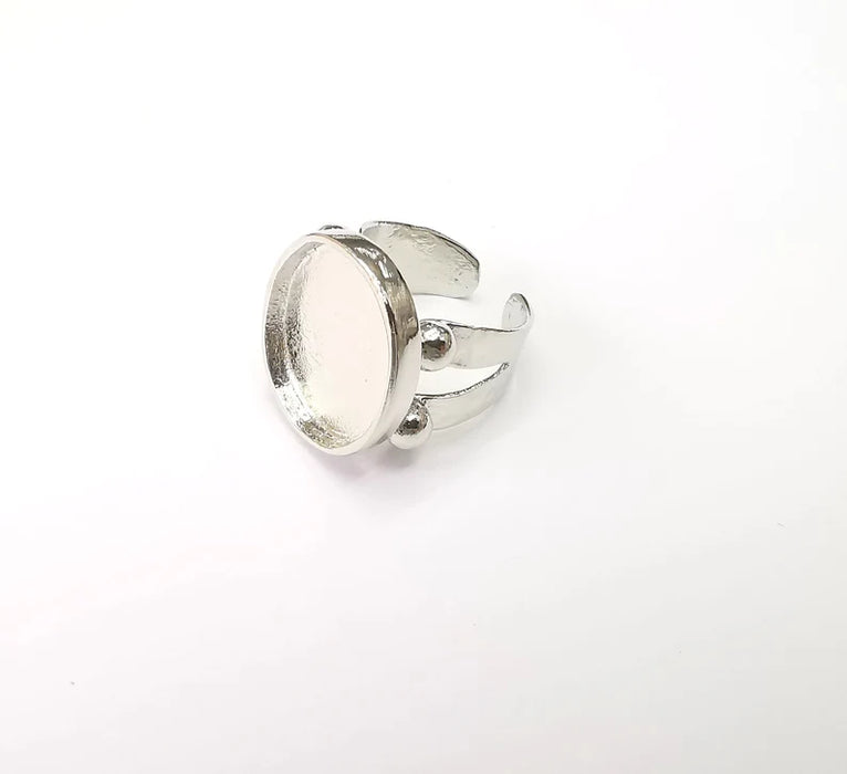 Shiny Silver Oval Ring Setting, Cabochon Blank, Resin Bezel, Ring Mounting, Epoxy Frame Base, Adjustable Rhodium Plated Brass 18x15mm G35644