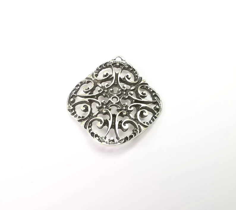 Silver Charms, Boho Charms, Earring Charms, Silver Pendant, Ethnic Rustic Charms, Necklace Parts, Antique Silver Plated 46x42mm G35645