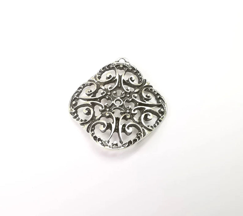 Silver Charms, Boho Charms, Earring Charms, Silver Pendant, Ethnic Rustic Charms, Necklace Parts, Antique Silver Plated 46x42mm G35645