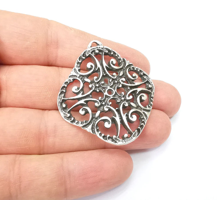 Silver Charms, Boho Charms, Earring Charms, Silver Pendant, Ethnic Rustic Charms, Necklace Parts, Antique Silver Plated 46x42mm G35645