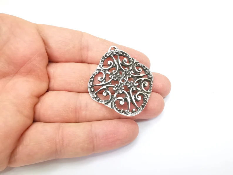 Silver Charms, Boho Charms, Earring Charms, Silver Pendant, Ethnic Rustic Charms, Necklace Parts, Antique Silver Plated 46x42mm G35645