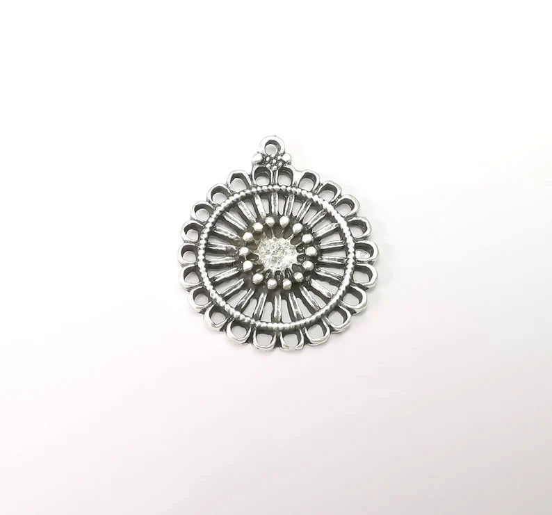 Silver Charms, Boho Charms, Earring Charms, Silver Pendant, Ethnic Rustic Charms, Necklace Parts, Antique Silver Plated 38x33mm G35649