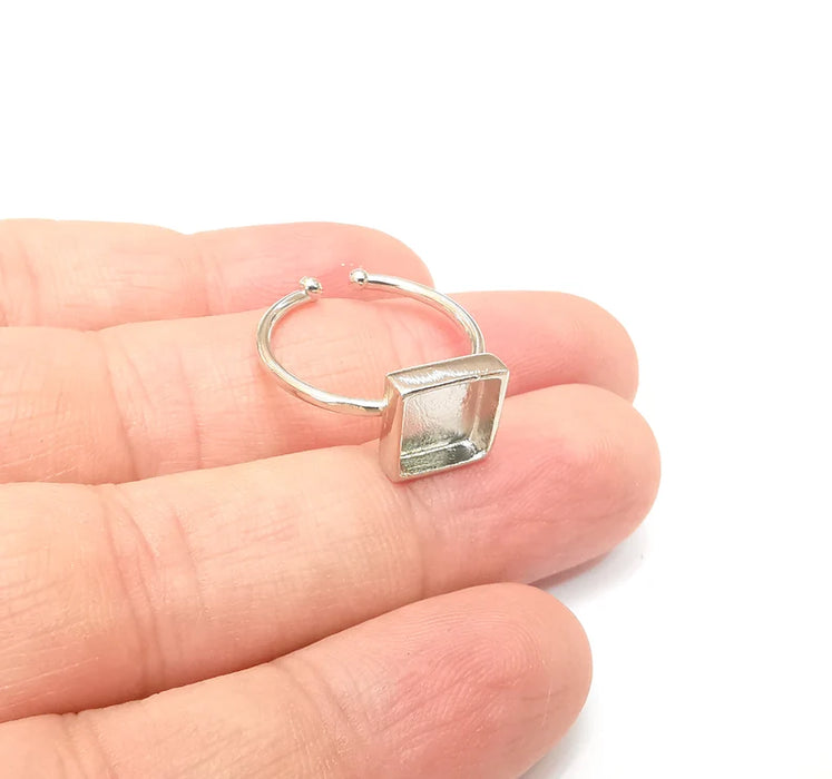 Shiny Silver Square Ring Setting, Cabochon Blank, Resin Bezel, Ring Mounting, Epoxy Frame Base, Adjustable Rhodium Plated Brass 8mm G35840