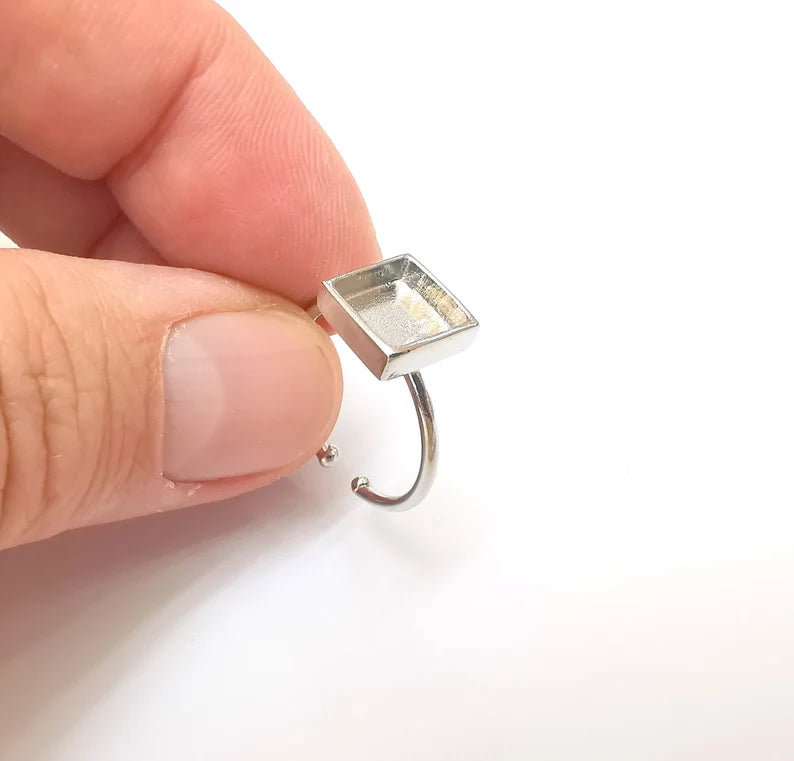 Shiny Silver Square Ring Setting, Cabochon Blank, Resin Bezel, Ring Mounting, Epoxy Frame Base, Adjustable Rhodium Plated Brass 8mm G35840
