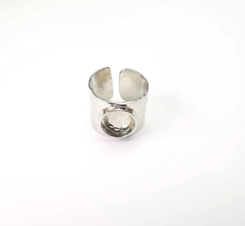 Shiny Silver Oval Ring Setting, Cabochon Blank, Resin Bezel, Ring Mounting, Epoxy Frame Base, Adjustable Rhodium Plated Brass 10mm G35652