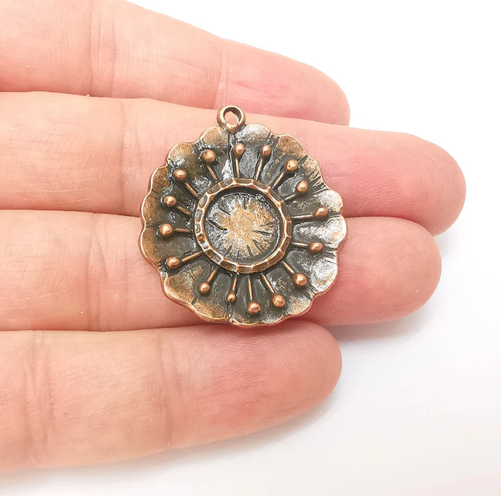 Copper Dangle Charms, Flower Ethnic Charms, Jewelry Parts, Bracelet Component, Antique Copper Plated Metal Charms (35x31mm) G35851