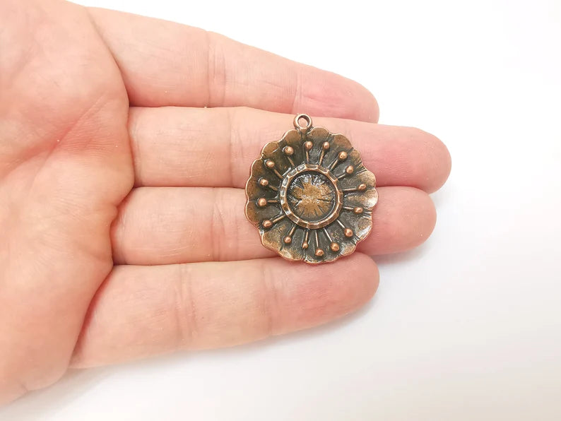 Copper Dangle Charms, Flower Ethnic Charms, Jewelry Parts, Bracelet Component, Antique Copper Plated Metal Charms (35x31mm) G35851