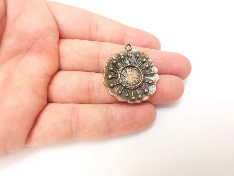 Copper Dangle Charms, Flower Ethnic Charms, Jewelry Parts, Bracelet Component, Antique Copper Plated Metal Charms (35x31mm) G35851